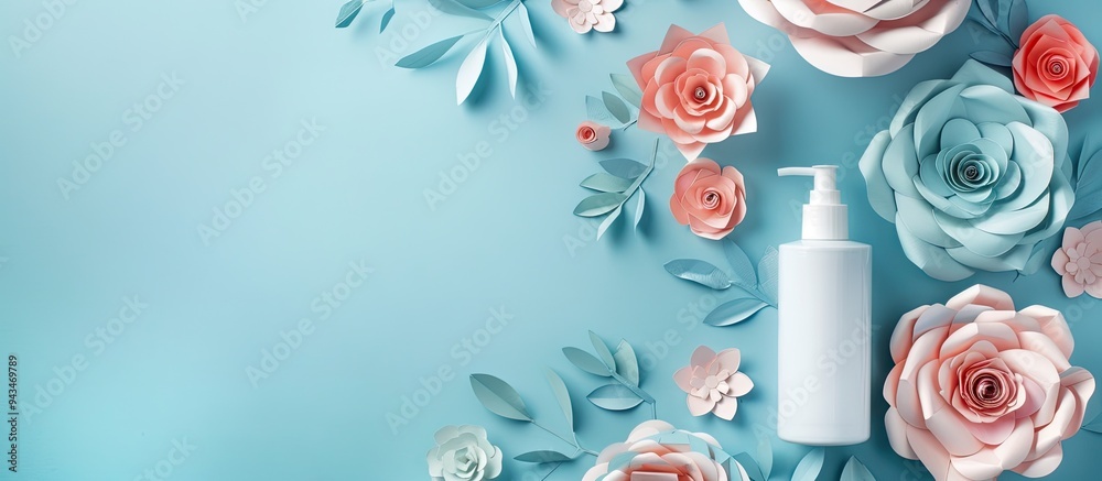 Poster Facial beauty products displayed with decorative paper flowers on a blue backdrop perfect for design with copy space image