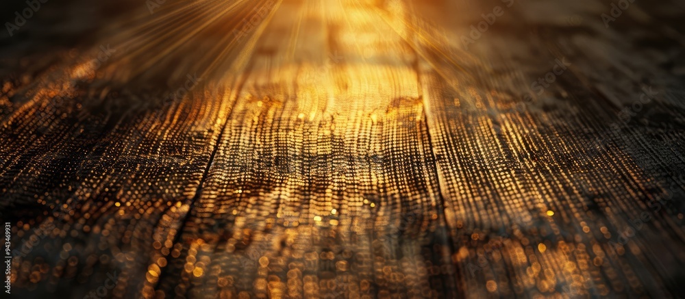 Poster Dark copyspace image with a golden circle chain mesh creating a grid like sunbeam on the textured natural wood surface