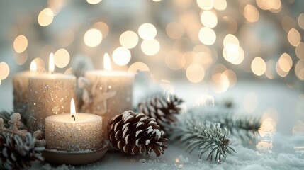 A beautifully arranged holiday centerpiece with glowing candles and pinecones, set against a softly blurred background of warm lights