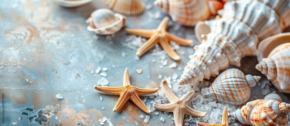 Leinwandbilder a summer vibe with sea shells or starfish displayed on a table background providing room for text in