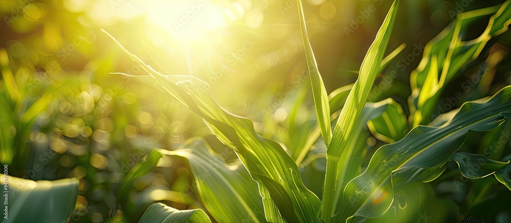 Aufkleber young maize crops growing in a field with sunlight in the background creating a close up agriculture