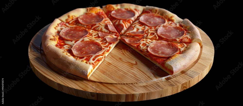 Poster a pepperoni pizza cut into six slices is displayed on a wooden platter in a copy space image