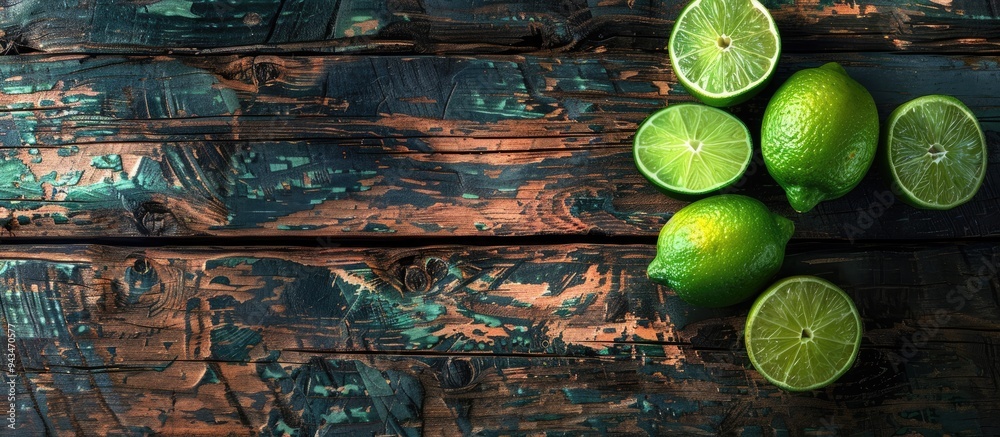 Aufkleber whole and halved limes on a rustic wooden table displaying the interior with visible copy space imag