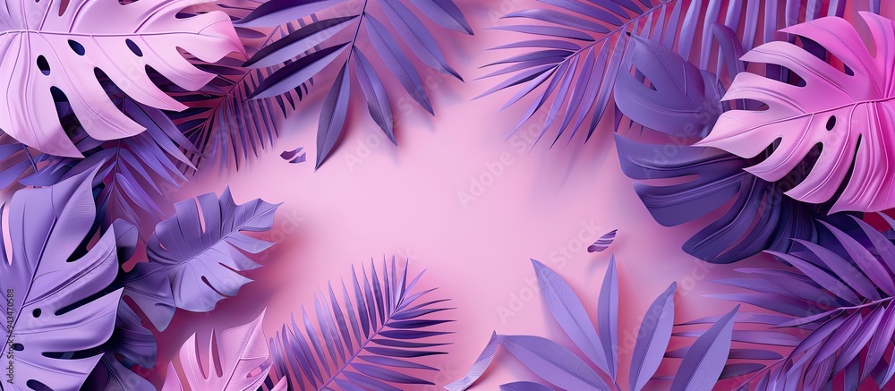 Poster a vibrant pink background adorned with paper cutouts of tropical leaves creates an artistic composit