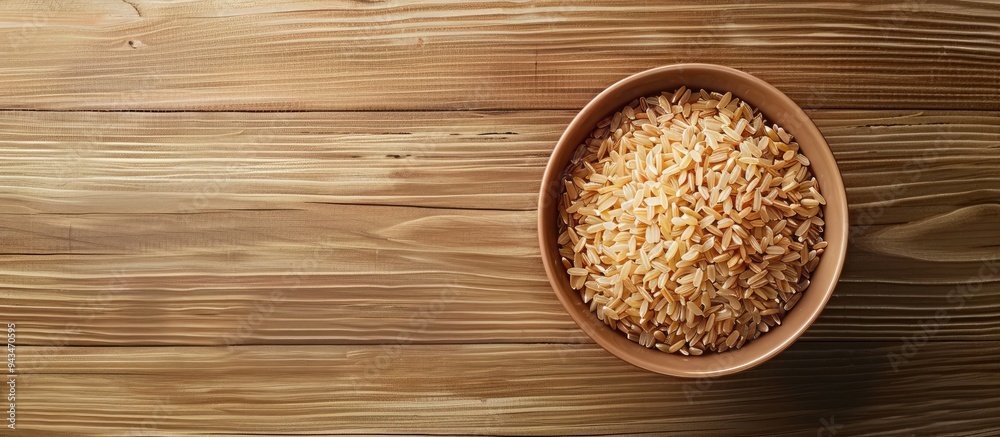 Aufkleber Top view of uncooked long grain brown rice in a bowl on a wooden surface with space for additional images