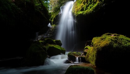 Obraz premium waterfall in a moss covered forest water cascading over rocky terrain