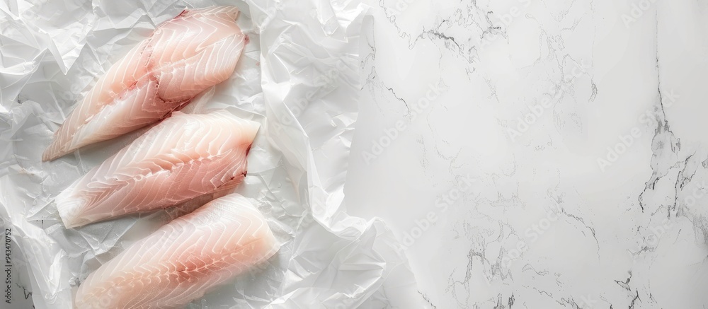 Aufkleber codfish fillets fresh raw meat of codfish white background copy space image