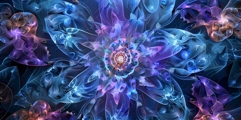 Abstract digital flower with intricate glowing patterns in a futuristic design, Glowing fractal flower with vibrant colors and digital art elements