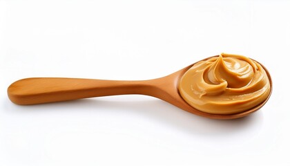 photo of a wooden spoon filled with creamy peanut butter on a white background