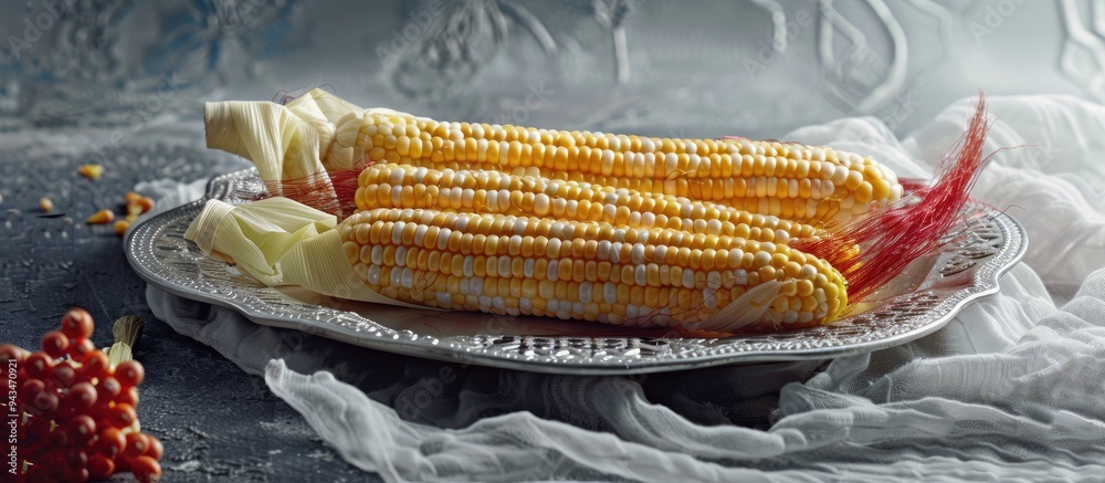 Poster fresh baby corn with red silk still in the husk presented on a sieve plate on a gray table backgroun