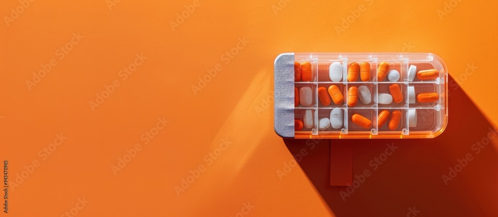 Poster Top view of a weekly pill organizer featuring capsules inside a clear plastic container placed on an orange surface with ample copy space image