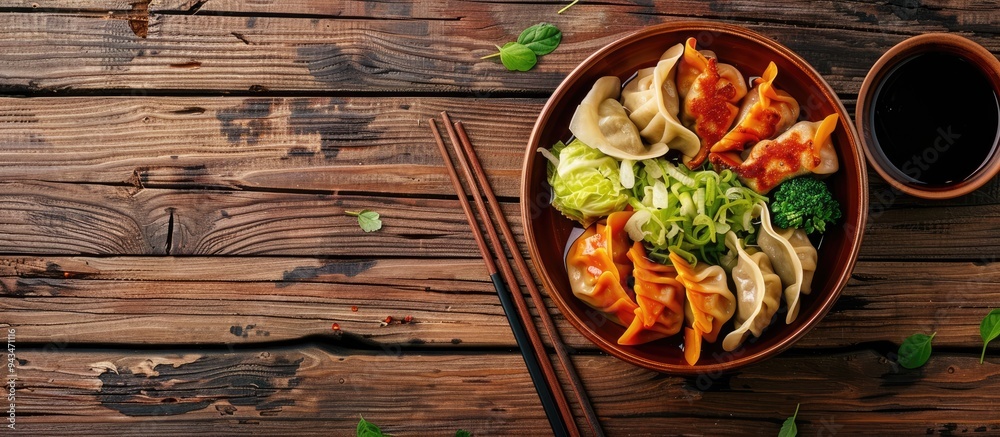 Leinwandbilder Wooden background with colorful dumplings in a bowl accompanied by soy sauce cabbage and chopsticks with available space for adding text in the image. Creative banner. Copyspace image