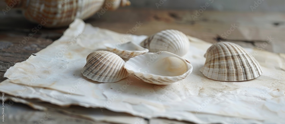 Leinwandbilder beige and gray shells rest on white paper with a natural backdrop for a copy space image