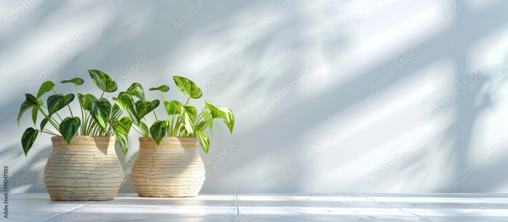 Poster three golden pothos plants also known as devil s ivy displayed in a pot on a white ceramic tile floo