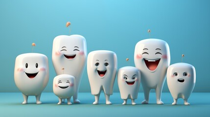 Obraz premium bright picture of white cute funny smiling tooth characters with faces isolated on blue background.