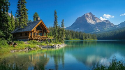 Picturesque cabin overlooking a mountain lake, with crisp air and clear skies enhancing the serene landscape.