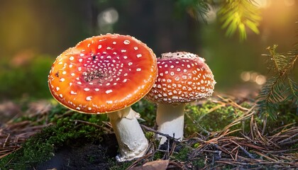 two amanita mushrooms with white dots close up in the forest