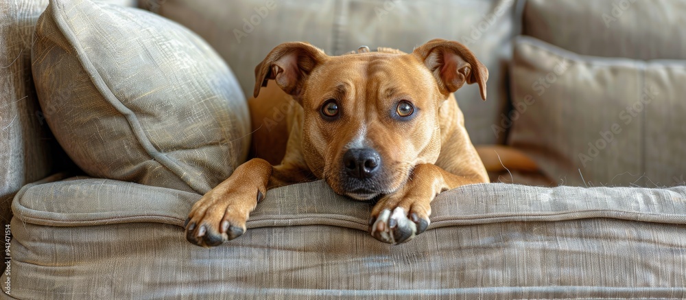 Poster a vigilant dog perched on a couch eyes fixed with copy space image