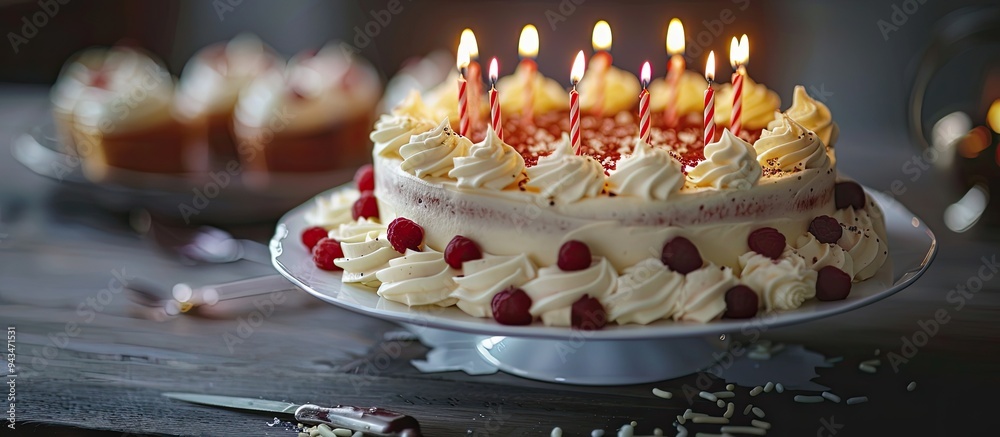 Poster a lovely white chocolate cake adorned with candles for a 50th birthday celebration set against a bla