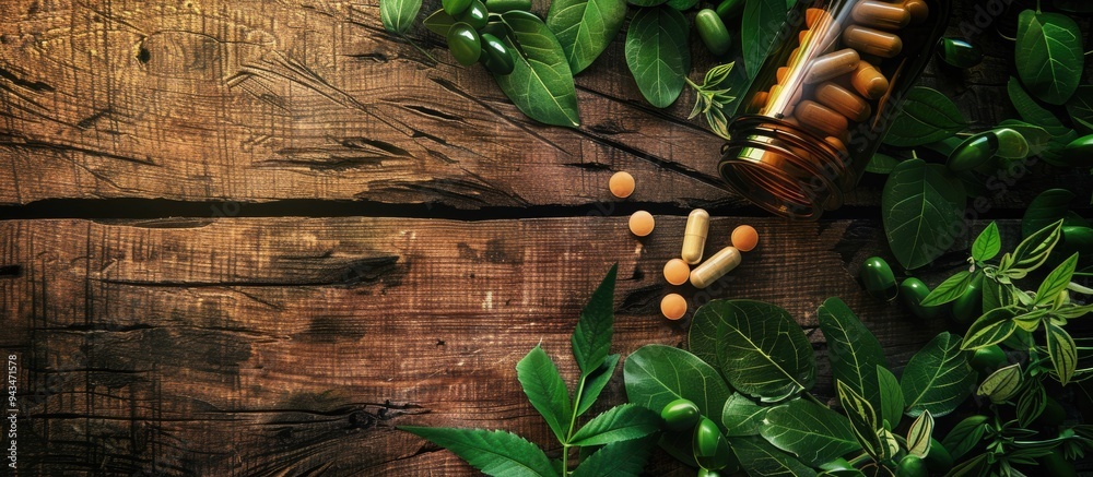 Poster Top view of a bottle with pills and green leaves on a wooden background creating a visually pleasing copy space image