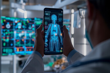 Doctor on the phone looks at a digital medical record. AR healthcare and network connection on a hologram of a modern user interface for treatment and diagnosis of the body.
