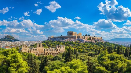 Panoramic view of Athens, Greece with the Acropolis hill, a famous landmark. Skyline of Athens city, landscape with Greek ruins. Scenic panoramic view of remains of ancient Athens.