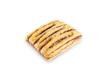 Sugar sprinkles chocolate filling puff cookie on a white isolated background