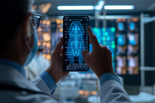 Doctor on the phone looks at a digital medical record. AR healthcare and network connection on a hologram of a modern user interface for treatment and diagnosis of the body. - Powered by Adobe