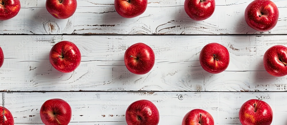 Fototapete red apples arranged on a white wooden surface in a flat lay style offering ample copy space for inse