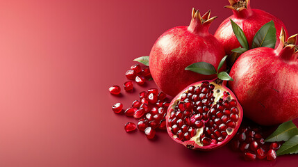Fresh red pomegranates with seeds scattered on a red background.