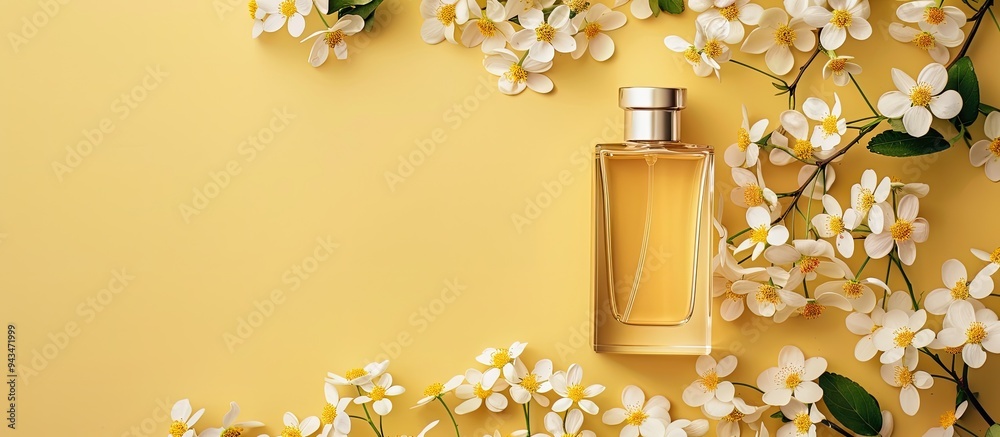 Poster Top view of a perfume bottle and white flowers on a yellow background with copy space image for perfumery cosmetics and fragrance collections