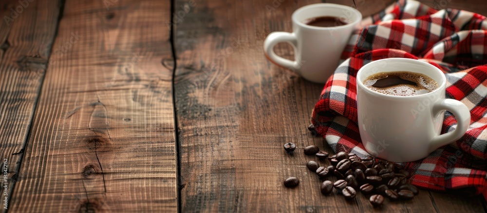 Poster coffee cups beans and red plaid fabric on a wooden surface with copy space image