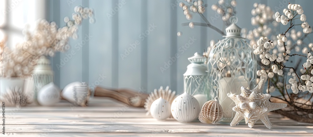 Poster table adorned with marine themed decorations set against a light wooden backdrop featuring a copy sp