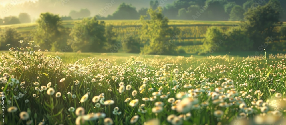 Aufkleber lush green fields of a flower filled farm provide a serene background in the copy space image