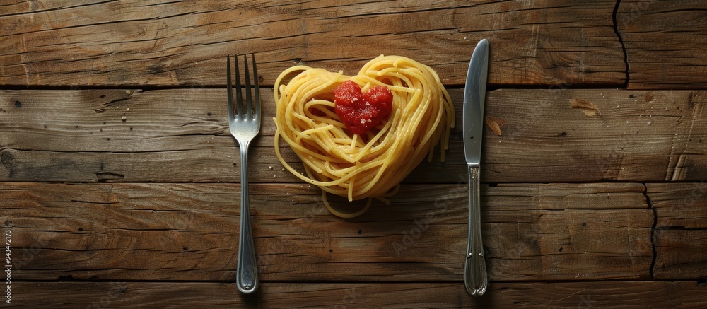 Poster wooden table with a heart shaped arrangement of delicious spaghetti and a fork placed neatly leaving