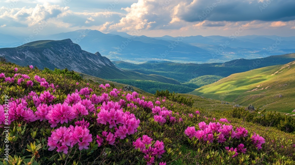 Wall mural picturesque nature backdrop with vibrant pink rhododendron blooms in the carpathian mountains, ukrai