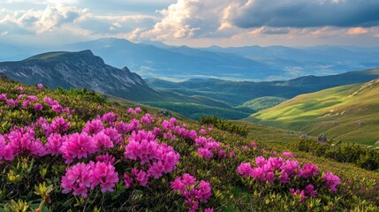 Obraz premium Picturesque nature backdrop with vibrant pink rhododendron blooms in the Carpathian mountains, Ukraine.