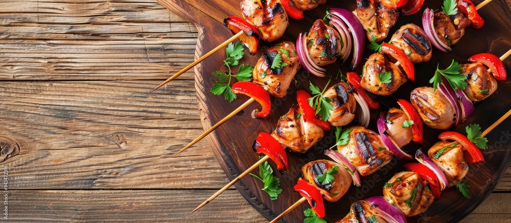 Poster Close up of chicken skewers with red bell peppers and onions on a wooden board with copy space image