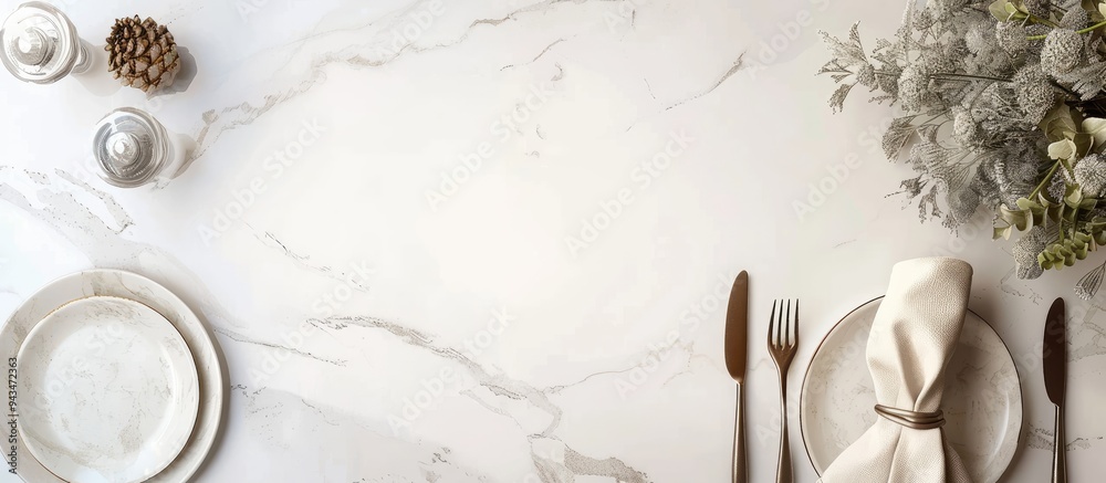 Leinwandbilder Top view of a white marble table with an empty menu cutlery plate napkin and dry spikes ideal as a mockup for design in a copy space image