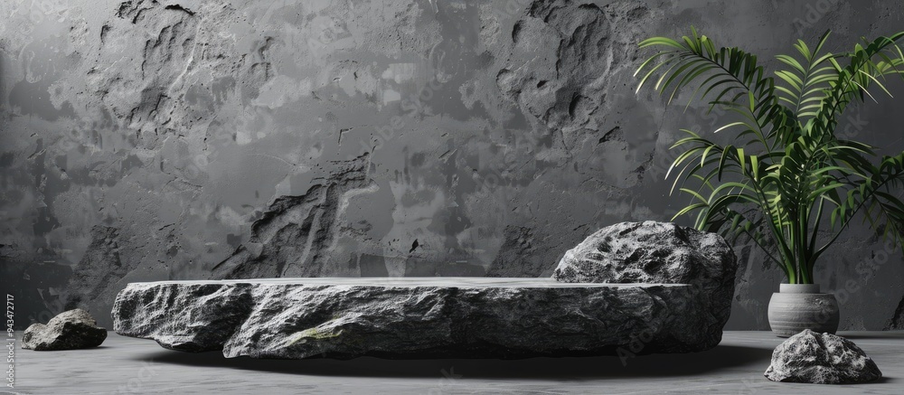 Aufkleber Stone podium with rocks and snags on grey background ideal for showcasing products with a wabi sabi aesthetic Features copy space image in a frontal perspective