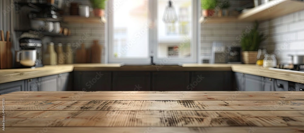 Poster blurry kitchen room background with a table top and copy space image
