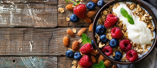 Top view of a delicious bowl with granola berries almonds and yogurt on a wooden table leaving room for a text overlay on the copy space image