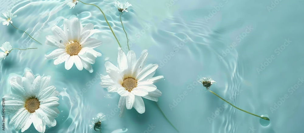 Poster top view of daisy flowers in water on a light blue backdrop with room for text in the image. creativ