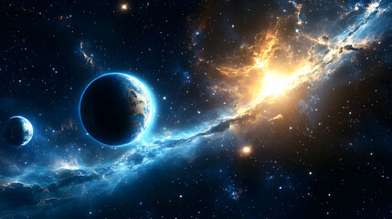 A blue and gold nebula surrounds two planets and stars in a dark space.