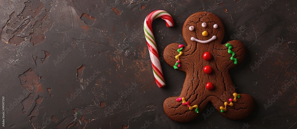 Aufkleber A chocolate coated gingerbread man cookie with a cane and colorful icing on a dark background viewed from the top with space for text or image. Creative banner. Copyspace image