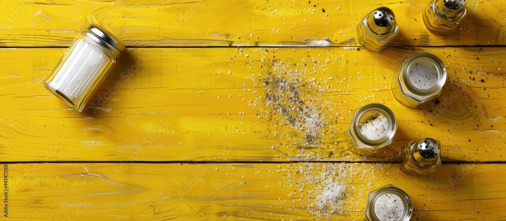 Poster Flat lay shot of spice shakers with salt on a yellow wooden table providing ample space for text alongside the copy space image