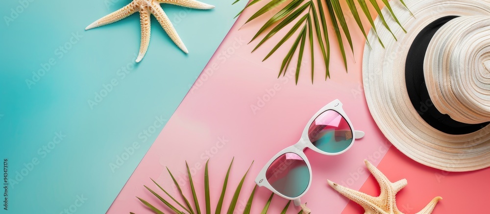 Poster top view of trendy beach accessories arranged on a colored background in a beach fashion flat lay fe