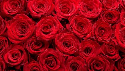 background and texture of a bunch of red wet roses panorama