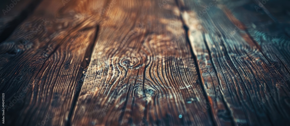 Poster macro close up of a vintage style wooden table with a grainy texture providing an empty format for a
