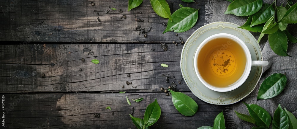 Poster A flat lay composition featuring a cup of invigorating green tea surrounded by leaves atop a wooden table with ample copy space for text